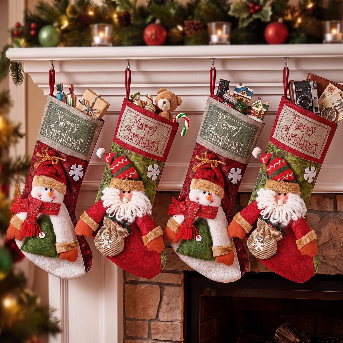 Jingle Jollys 4pc 3D Plush Santa & Snowman Christmas Stockings 43.5cm