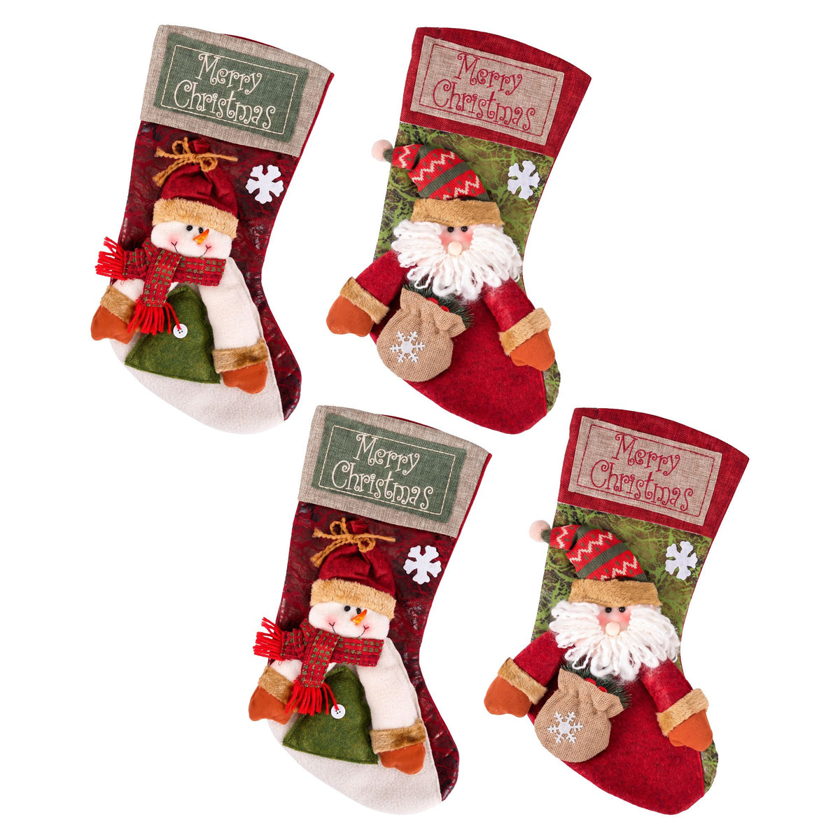 Jingle Jollys 4pc 3D Plush Santa & Snowman Christmas Stockings 43.5cm