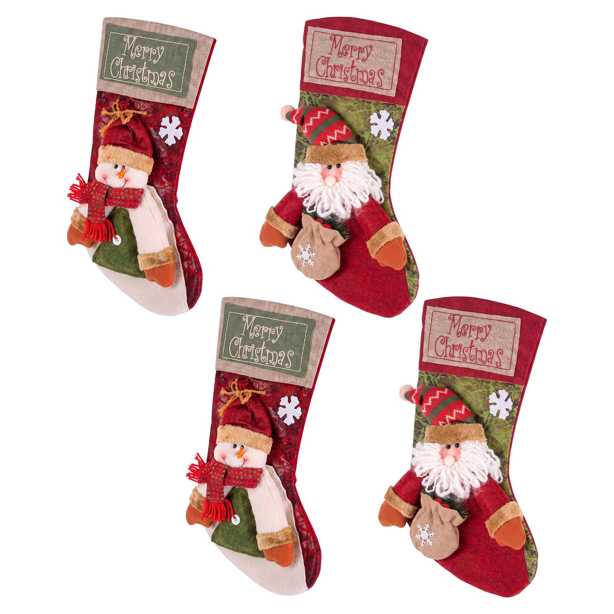 Jingle Jollys 4pc 3D Plush Santa & Snowman Christmas Stockings 43.5cm