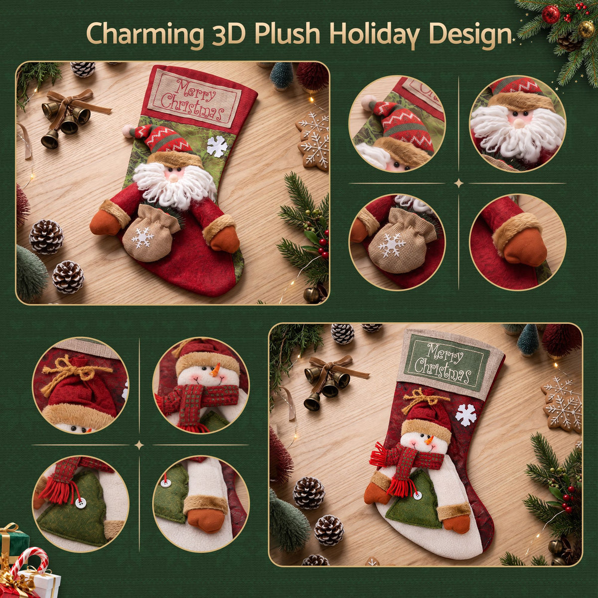 Jingle Jollys 4pc 3D Plush Santa & Snowman Christmas Stockings 43.5cm