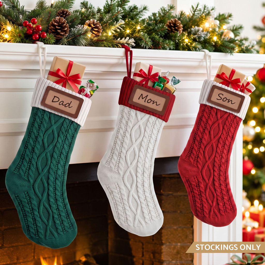 Jingle Jollys 3pc Personalised Knitted Christmas Stockings 40cm with Leather Patches