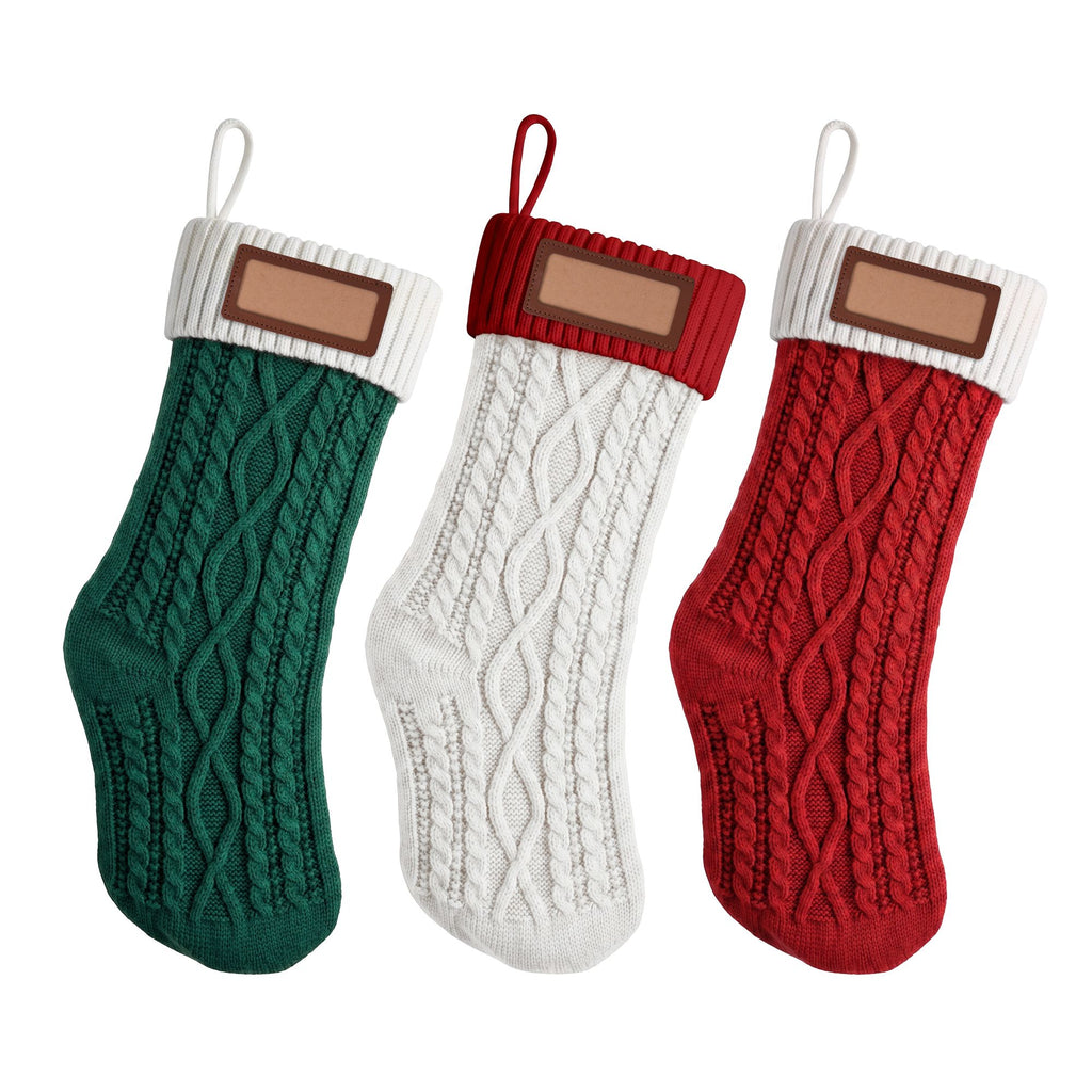 Jingle Jollys 3pc Personalised Knitted Christmas Stockings 40cm with Leather Patches