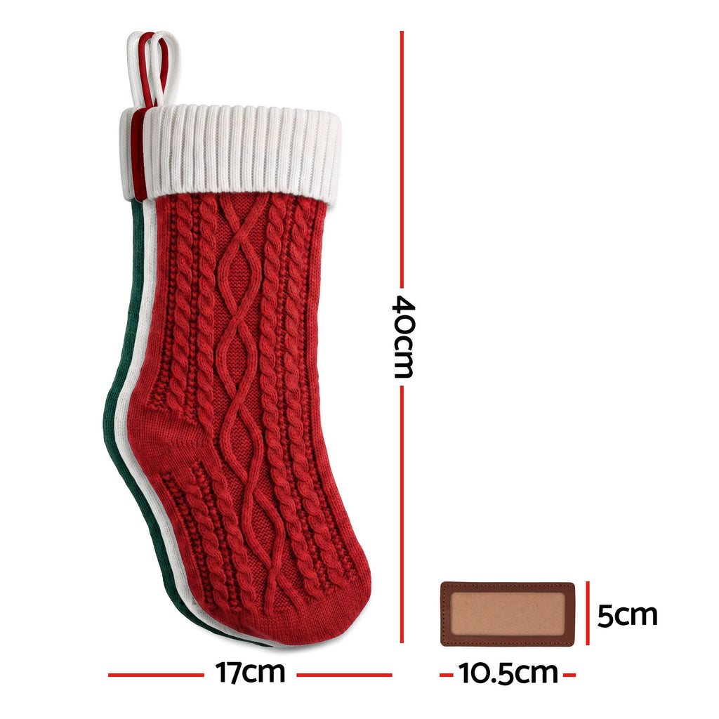 Jingle Jollys 3pc Personalised Knitted Christmas Stockings 40cm with Leather Patches