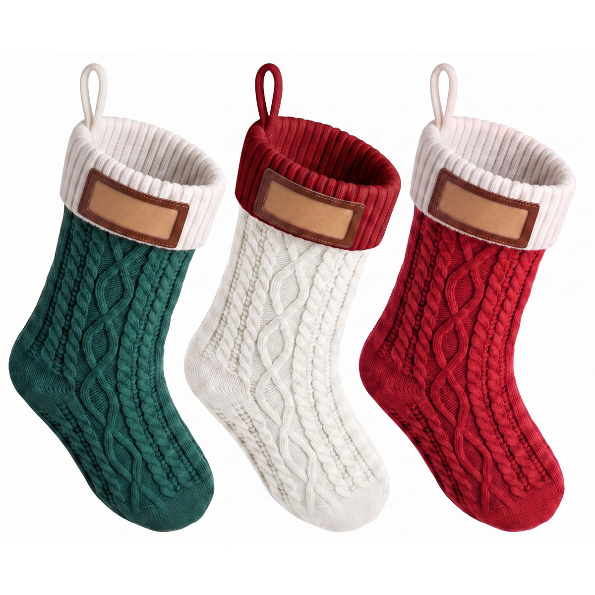 Jingle Jollys 3pc Personalised Knitted Christmas Stockings 40cm with Leather Patches