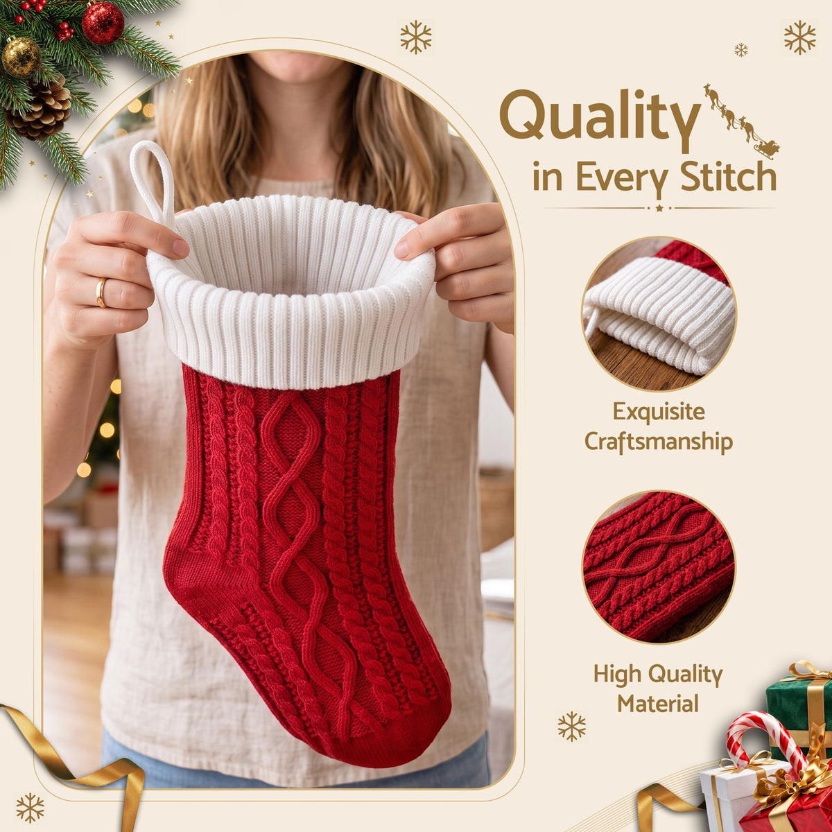 Jingle Jollys 3pc Personalised Knitted Christmas Stockings 40cm with Leather Patches