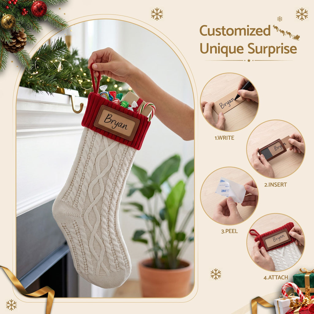 Jingle Jollys 3pc Personalised Knitted Christmas Stockings 40cm with Leather Patches