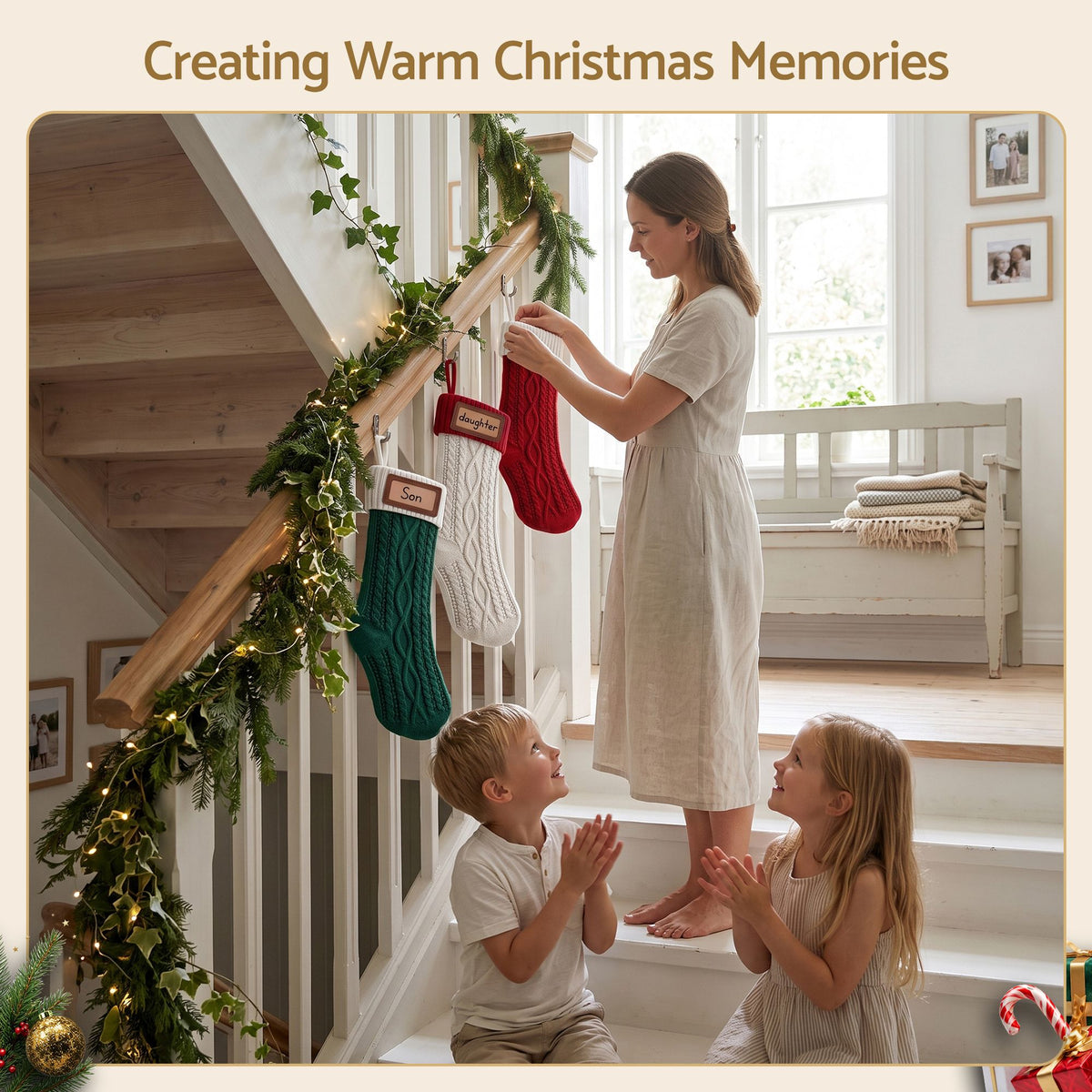 Jingle Jollys 3pc Personalised Knitted Christmas Stockings 40cm with Leather Patches