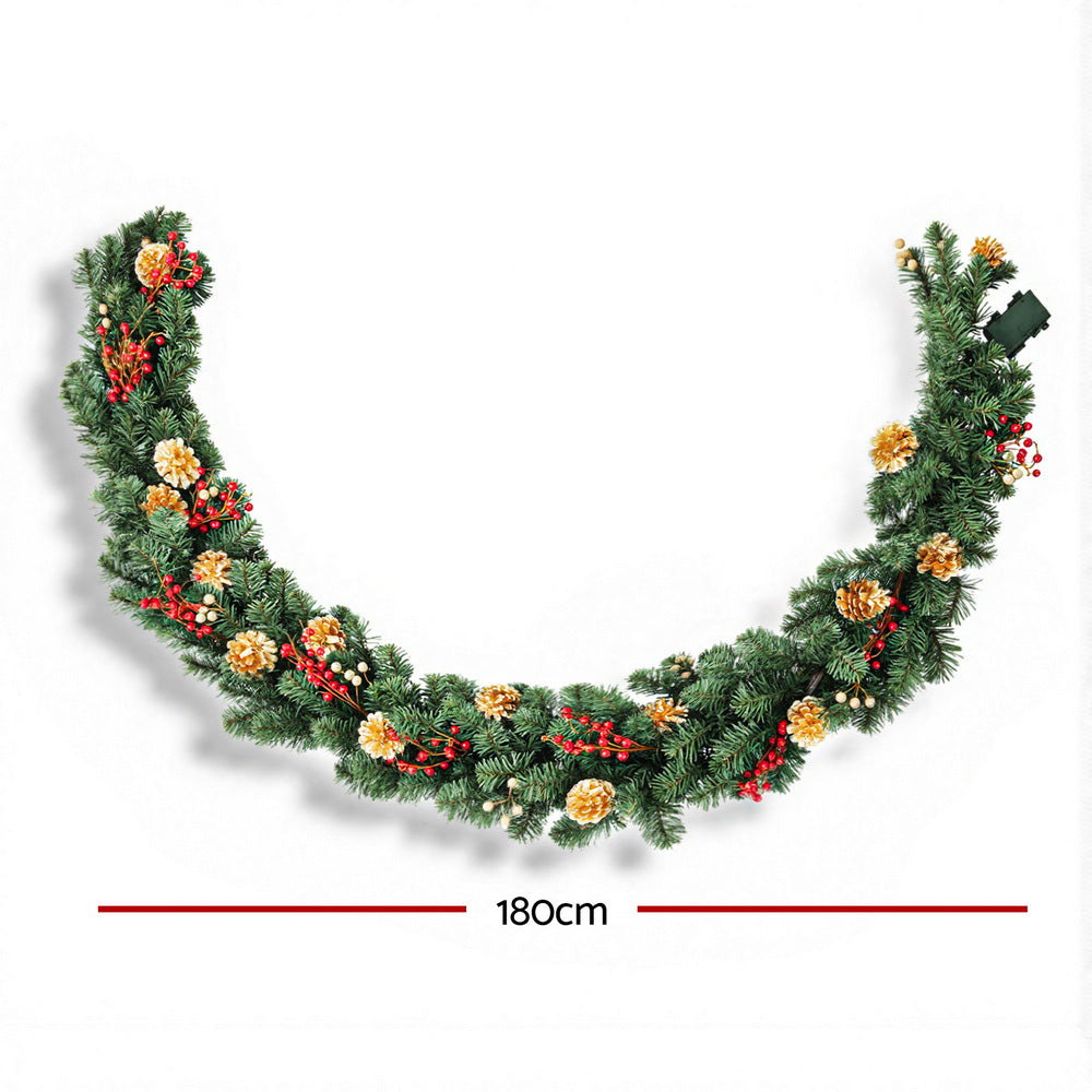 Jingle Jollys 1.8M Christmas Garland Pre-lit LED Pine Cones Berries Xmas Decor