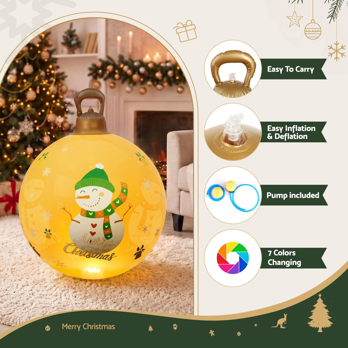 Jingle Jollys Christmas Inflatable Ball 60cm Led Illuminated Snowman Xmas Decor Gold